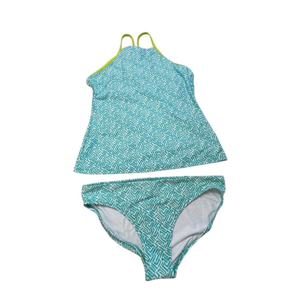 Helen Jon Women's Racerback Halter Tankini Hipster Swimsuit Set Teal White Large